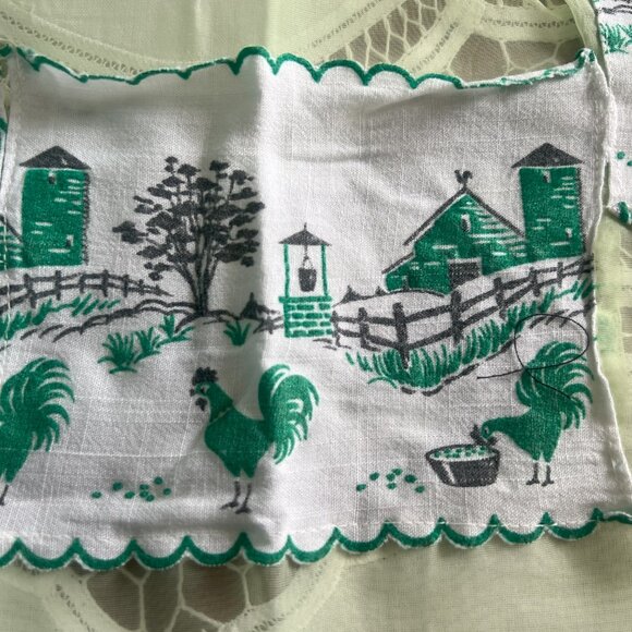 Vintage Green Chiffon Half Apron Pockets Chicken Rooster Farm Scene Retro Kitche - Picture 4 of 9